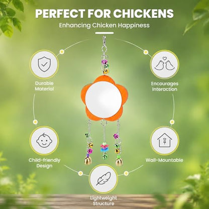 Pet Chicken Mirror Toy with Bells, 5.3 Inch Mirror, 18.9 Inch Chain - Durable, Broken, Stimulates Play and Communication for Pets