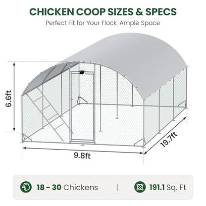 CHIKENCOOP 19.5x6.5x6.6ft Metal Chicken Coop, Full-Cover 3-Room Chicken Run | Upgraded three-room walk-in run with continuous waterproof UV-resistant cover, solar light, rear supports, and lower braces - size: 239.0"L x 118.0"W x 78.0"H