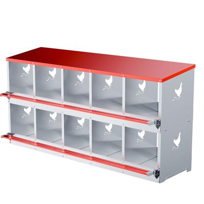 Chicken Nesting Boxes - 10 Compartment Metal Poultry Nest Box Wall Mount for Chickens, Hens, Ducks - Easy Egg Collection - Large Vented Holes Chicken Coop Equipment (10 Compartment)