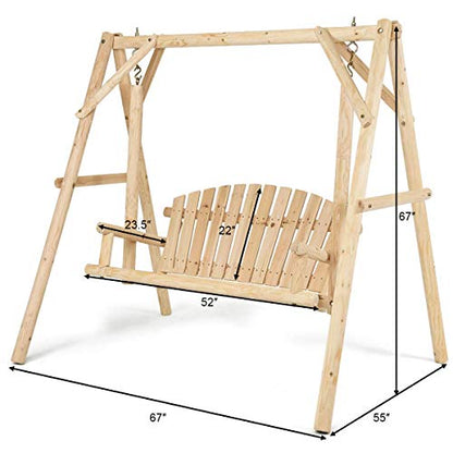 Tangkula A-Frame Wood Log Swing Bench, Outdoor Rustic Curved Back Swing Chair for Patio Garden Yard