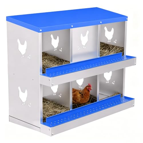 Garvee Ventilated Metal Chicken Nesting Box – 6 Compartments, Roll Away Egg Laying Box, Perch & Lid, Easy Clean & Install, for Poultry Coops, Without Bracket, Blue - color: Blue, size: 6 holes