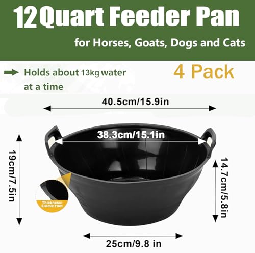4pack Rubber Feed Pan for Horses, Goats, Pigs – 12 Quart/3 Gallon Heavy Duty Livestock Feeder, Chicken Dust Bath Tub Included – Farm Animal Feeding Bowl