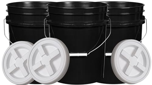 House Naturals 5 Gallon Food Grade Made in USA Plastic Bucket with Screw On Air Tight Double Gasket lid, (Pack of 3) (Black Buckets-White lids)