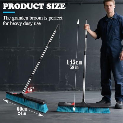 MASTERTOP 24" Heavy Duty Push Broom with Ultra-Sturdy Adjustable Handle, 6-Layer Stiff Bristles Garden Yard Broom, Outdoor Sweeping Brush for Garage, Patio, Driveway, Warehouse, Deck, Tile & Concrete - color: Push Broom Blue