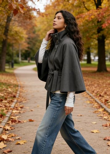 CHARTOU Women Batwing Sleeve Ponchos Pea Coat Wool Stand Collar Belt Capes Jacket Winter Cropped Overcoat - color: Grey, size: X-Large