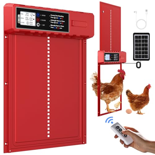 Automatic Chicken Coop Door Solar Powered with XL Large Size 10.8″x 14.2″ Red Auto Chicken Door Design with USB-C Charging & 3 Modes, Anti-Pinch & Aluminum Alloy Weather Proof - color: Red