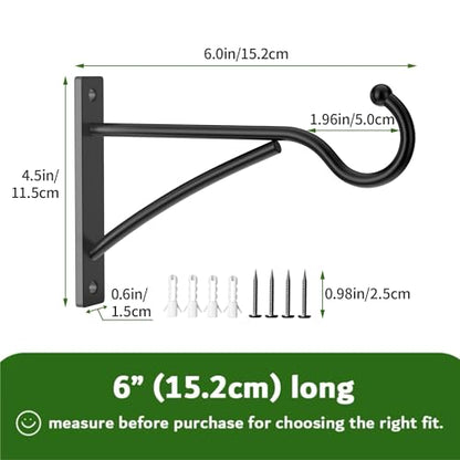 6 Inch 2 Pack Heavy Duty Plant Hangers Outdoor, Metal Plant Brackets for Hanging Baskets, Plant Wall Hooks for Bird Feeders, Wind Chimes & Lanterns, Premium Metal Hooks Matte Black, 30lbs Capacity - size: 6 in, 2 pk