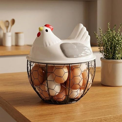 Chicken Egg Basket Metal Iron Wire Egg Collection Basket Vegetable Fruit Basket Farmhouse Decorative Storage with Ergonomic Handles Suitable for, Gray Lid