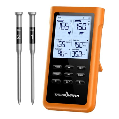 ThermoMaven Sub-1G Wireless Meat Thermometer, No App, 2 Ultra-Thin Probes | 3000FT Open Range, Standalone Base, 6 Sensor NIST Accuracy, IPX8 Waterproof, BBQ Smoker Grill Oven Brisket Steak Turkey Pork - color: Orange