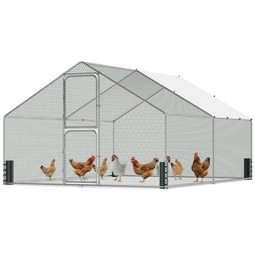 Large Metal Chicken Coop, Chicken Run with Feeding Door, Security Lock and Cover, Outdoor Walk-in Duck/Rabbit Cage Poultry Pen for Backyard, Farm, Yard (Silver - Spire Roof, 13.1 x 9.8 x 6.5 FT) - size: 157.4"L x 118.0"W x 78.7"H