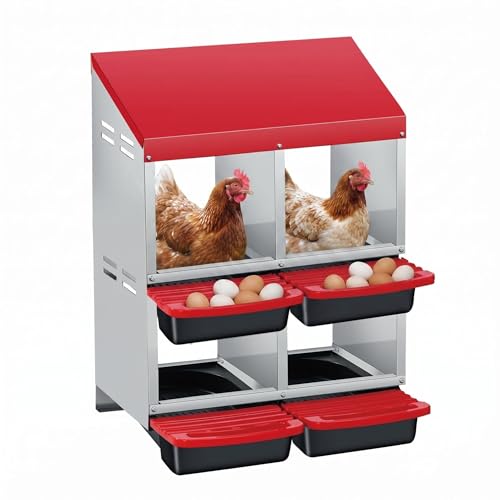 2-Tier Chicken Nesting Boxes, 4 Compartment Metal Stainless Steel Chicken Laying Boxes with Removable Roll-Away Trays, Vented Holes & 2-in-1 Perch for Chickens Ducks Birds Red - color: Red, size: 2-Tier 4 Compartment