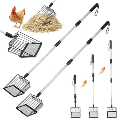 2 Pack Chicken Poop Scooper 3 in 1 Chicken Coop Scoop Detachable Chicken Scooper for Poop Sifting Shovel with Long Handle for Chicken Coop, Goat Stall, Stable