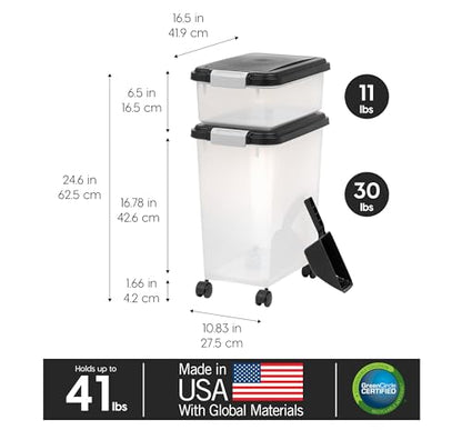 IRIS USA Dog Food Storage Container 30 lb + 11lb Airtight Combo, Stackable Pet Food Storage Bin with Wheels for Cat Dog Food, BPA Free, Made in USA, Black - color: Black