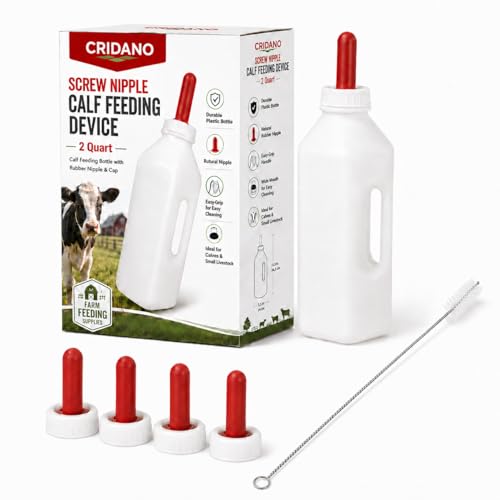 Calf Feeding Bottle 2 Quart with Screw Nipple, Livestock Nursing Bottle Kit with 4 Extra Rubber Nipples & Long Cleaning Brush, Easy-Grip Milk Bottle for Calves, Lambs, Goat Kids, Farm Feeding Supplies