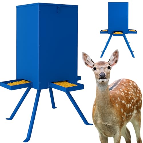 PROLEE 85lbs Deer Feeder,Weatherproof Deer Feeders with 4 Feeding Tray and 4-Leg Stand,Heavy Duty Metal Gravity Feeder for Deers and Wildlife (Blue) - color: Blue