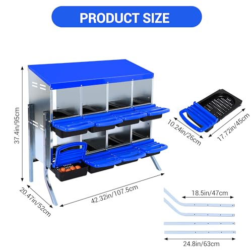 Chicken Nesting Box 8-Hole Roll Away Egg Laying Box with Lid & Stand, Galvanized Steel Rustproof Poultry Coop Box, Easy Clean, Wall Mountable No Bracket Needed for Hens, Blue - color: Blue, size: 8 holes with legs