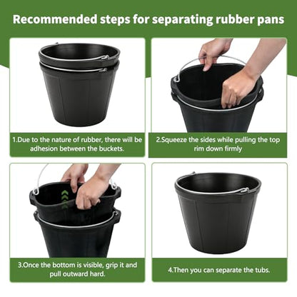 2 Pack Heavy Rubber Horse Feed Bucket,10 Quart Large Utility Feed Pan with Handle , 11.4 X 8.6 inch Horse Trough Heavy Duty Feeder Trough for Livestock Goats Animals Durable Pan Bowl Black