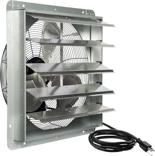 JVO 20 Inch Shutter Exhaust Fan 3500 CFM High Velocity 5.4 Ft Power Cord, Automatic Shutters, Steel Blades, ETL Listed - for Garage, Shop,Greenhouse, Attic, Workshop, Basement & Industrial Ventilation - size: 20 inch - With Power Cord