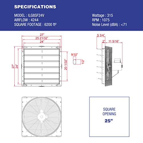 iLiving - 24" Wall Mounted Exhaust Fan - Automatic Shutter - Variable Speed - Vent Fan For Home Attic, Shed, or Garage Ventilation, 4244 CFM, 6200 SQF Coverage Area (Power Cord Not Included) - size: 24 Inches