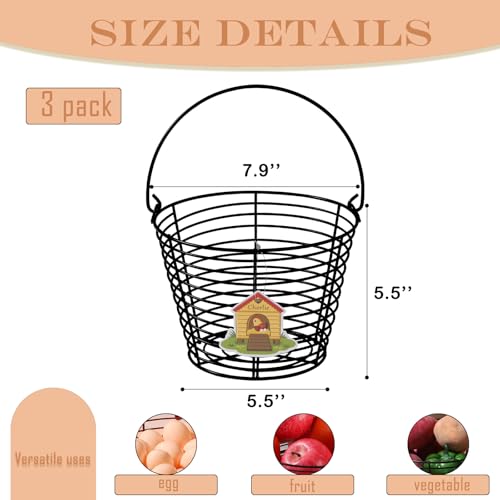 3 Pack 8 Inches Metal Mesh Wire Egg Collecting Basket with Handle Portable Garden Vegetable Fruit Storage Lightweight Hanging for Kitchen Farmhouse Gathering Picnic (Black-Heavy Weight) - color: Black-Heavy Weight