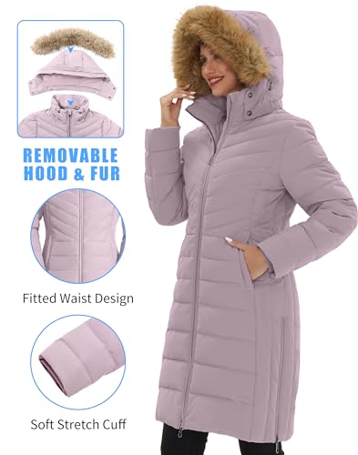 Pioneer Camp Women's Winter Coats Warm Thicken Long Puffer Jacket Waterproof Quilted Parka with Removable Faux Fur Hood - color: Pink Haze, size: X-Large