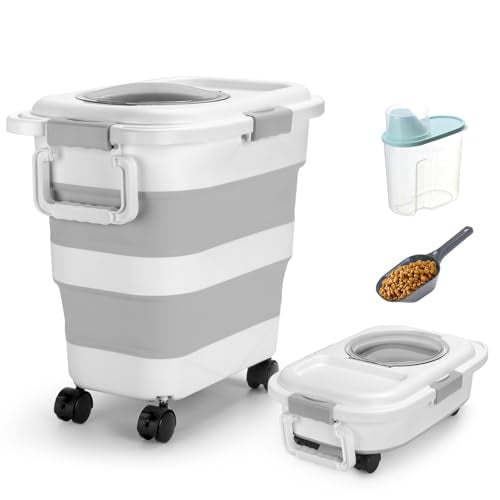 Beyoung 25-28lbs Airtight Dog Food Storage Containers with Wheels and Lids, Collapsible Pet Food Storage Bins with Handle, 50lb Rice Storage Bucket with Scoop, Dry Food Storage Bins (Gray) - color: Gray