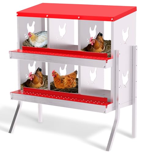 Chicken Nesting Box, 6 Hole Chicken Nesting Box with Legs, Metal Chickens Laying Boxes with Perch, Metal Roll Away Eggs Laying Boxes, Versatile Wall Mount or Free Standing for Chickens - color: red, size: 6 holes with legs