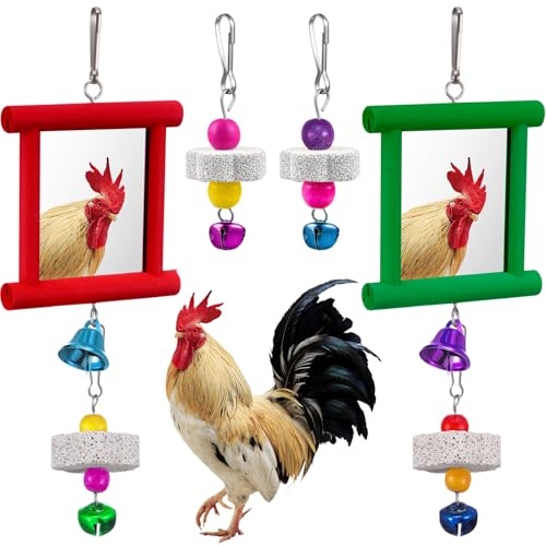 Sumind 2 Pieces Chicken Mirror Toys Hanging Swing Mirror with Bell Wooden Pecking Toy and 4 Pieces Beak Grinding Molar Stones for Hens Birds Parrots(Red,Green) - color: Red,green