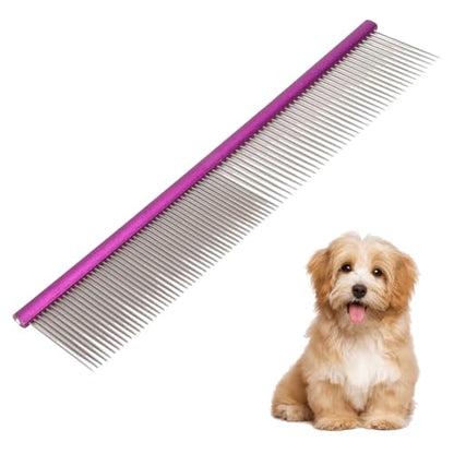 Pet Comb 8 inches Comfortable Grooming Comb with Different-Spaced Rounded Stainless Steel Teeth, Easy Grip and Convenient Grooming for Pets Dog Cat with Medium Coarse Fur - Purple - size: 8"