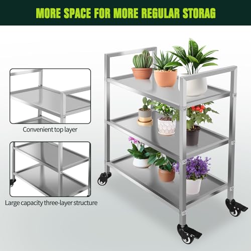 3 Shelf Stainless Steel Cart,400 Lbs,1MM Thick，Serving Cart with Wheels, Household, Service Trolley,360°Rotation Storage Shelf with Locking Wheels 29.5 * 15.7 * 37.4'' L*W*H
