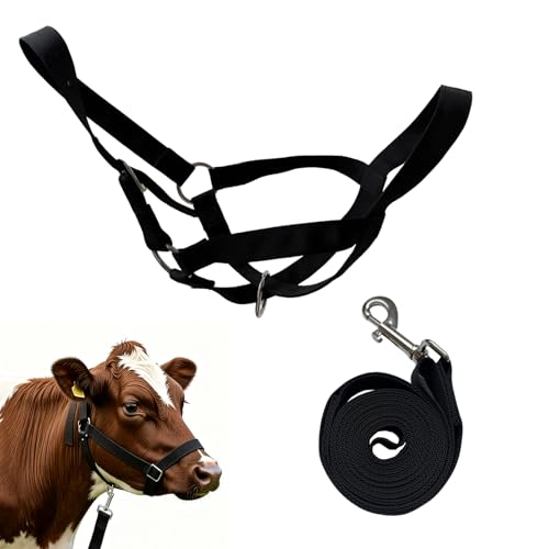 Cattle Cow Calf Halter, Calf Halter with Leading Rope, 18.9-23.23 Inch Adjustable Nylon Livestock Cattle Halter for Cattle, Miniature Horses, Foals, Donkeys, Goats (Black)