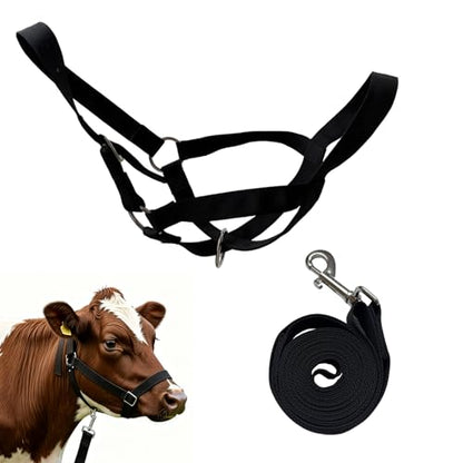 Cattle Cow Calf Halter, Calf Halter with Leading Rope, 18.9-23.23 Inch Adjustable Nylon Livestock Cattle Halter for Cattle, Miniature Horses, Foals, Donkeys, Goats (Black)