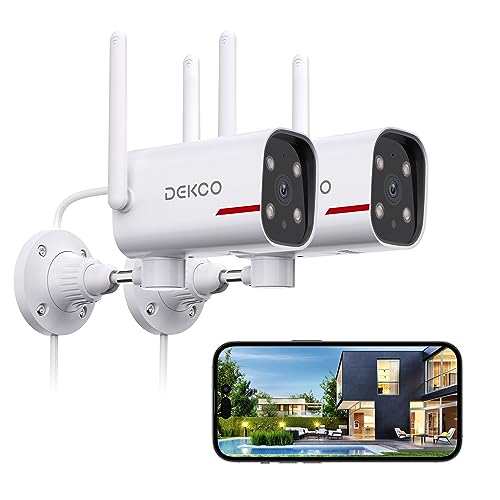 DEKCO 2 Pack Outdoor Security Camera with 2K Color Night Vision, Pan Rotating 180° Wired WiFi Camera Support 24/7 Recording, 2.4GHz WiFi, AI Human Auto Tracking, Work with Alexa/Google Assistant - size: 2 Count (Pack of 1)