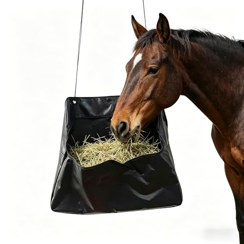 Horse Hay Bag - Large Capacity Tear Resistant Hanging Slow Feeder Pouch with Clear Visual Window - Portable Grass Storage Container for Equestrian Training Stable Yard and Farm