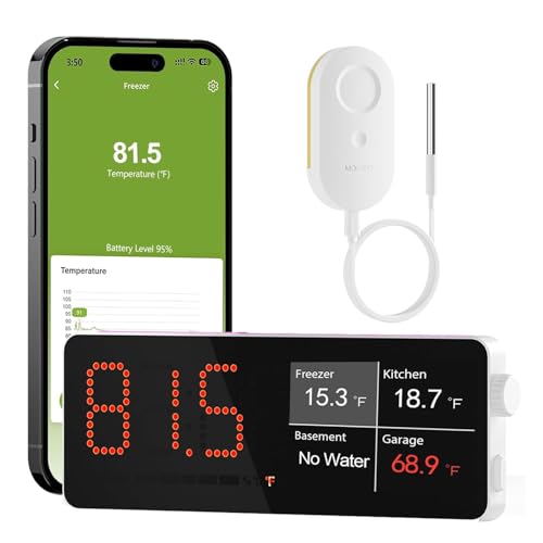 MOCREO WiFi Refrigerator Thermometer, Remote Email & App Alert, 2 Years Data Export, 1 Smart Temperature Sensor Frezzer Alarm with Digital Monitor Hub for Home, Kitchen, Fridge - style: 1 LCD Hub + 1 Sensor