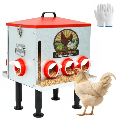 55lbs Automatic Chicken Feeder Large Capacity - 8 Feeding Ports, Galvanized Steel Rainproof Chicken Feeder, Height-Adjustable Legs & Secure Locking Lid for Chickens, Ducks & Poultry