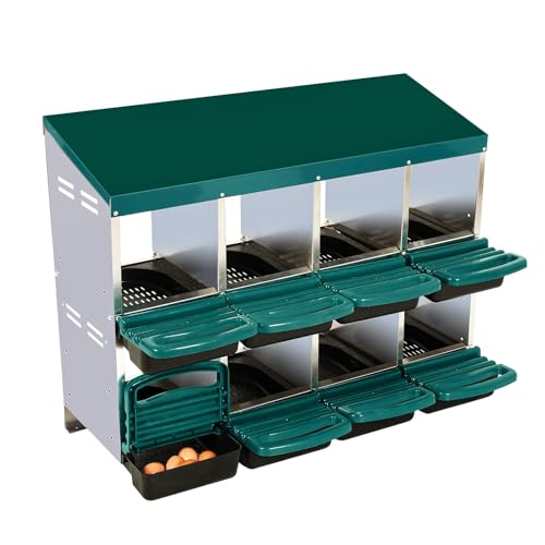 Chicken Nesting Box 8-Compartment – Roll Away Laying Boxes for Hens with Lid Cover & Egg Protection – Heavy Duty Red Poultry Nest Box