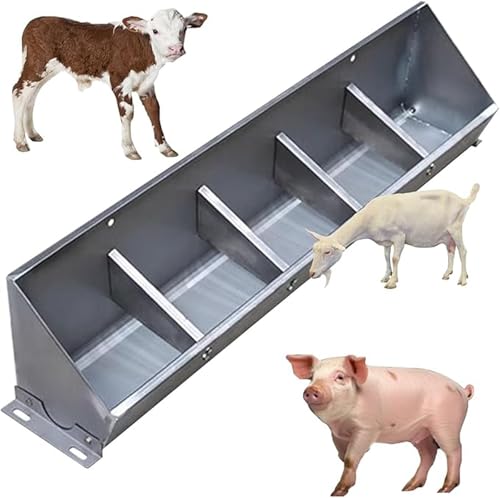 Fengfei Heavy Duty Stainless Steel Hanging Livestock Feed Trough, Sloped Opening for Easy Feeding, Separated Fence Design for Pig Sheep Cattle,39.4 inch Long with 5 Bit | Sloped Opening for Easy Feeding, Separated Fence Design, For Pig Sheep Cattle - size