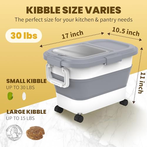 HOYTAMDA 20-30Lbs Rice Container,Collapsible Airtight Food Storage Containers with Wheels,Handle,Rice Storage Container with Small Bin and Scoop - color: Grey/20-30lbs