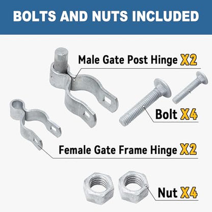 2 Pack 1-3/8" x 2-3/8" Chain Link Fence Gate Hinge Kit, Galvanized Steel Gate Hinges, Heavy Duty with 2 PCS 1-3/8" Frame Hinge and 2 PCS 2-3/8" Post Hinge, Bolts & Nuts Included