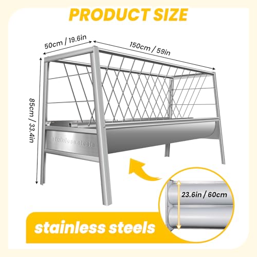 Upgraded 2 in 1 Livestock Pasture Feeder, Premium Stainless Steel Goat Hay Feeder, 5FT Long Feed Horse Hay Feeder with Durable Frame, Hay Rack for Horses,Foal,Cows, Goats