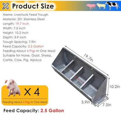 Heavy-Duty Stainless Steel 2-in-1 Livestock Feed Trough for Pigs, Sheep, Cattle & Goats - 20" Long Hanging Feeder with Sloped Opening, Easy Access Design, Durable Fence Feeder,20 inch Long w - size: 20 inch Long with 4 Bit