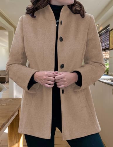 LIZALIG Women's Stand Collar Pea Coat Winter Long Sleeve Wool Blend Short Jackets Single Breasted Blazer Coat Outwear - color: Khaki, size: Medium
