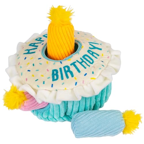 Outward Hound Hide-A-Birthday-Cake Dog Toy – Interactive 2‑in‑1 Plush Puzzle with 3 Squeaky Removable Candles - color: Birthday Cake