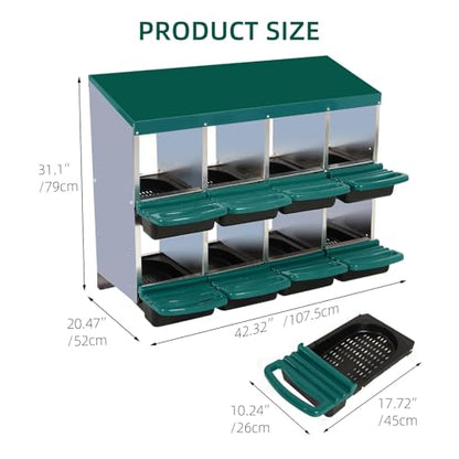 Chicken Nesting Boxes,8 Hole Metal Roll Away Eggs Laying Boxes with Ventilation Holes，Rustproof Plastic Tray & Keyhole Mounting, Cleanable Pull Out Nest Box for Hen & Duck, Green - color: Green, size: 8 holes