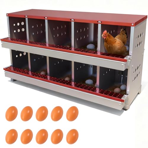Chicken Nesting Box, 10 Compartment Roll Away Laying Box for Hens, Heavy-Duty Galvanized Steel, Front Egg Collection Tray, 10 Training Eggs Included - color: Red, size: 10 Compartments & 10 Eggs