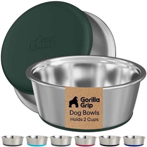 GORILLA GRIP Dog Bowls, Food Grade 304 Stainless Steel, Holds 2 Cups Each (16 fl oz) Food and Water Bowl for Feeding Dogs and Cats, Dishwasher Safe, Rust Resistant, BPA Free Rubber Base Set of 2 Green - color: Hunter Green, size: 2 Cup (16 Oz)