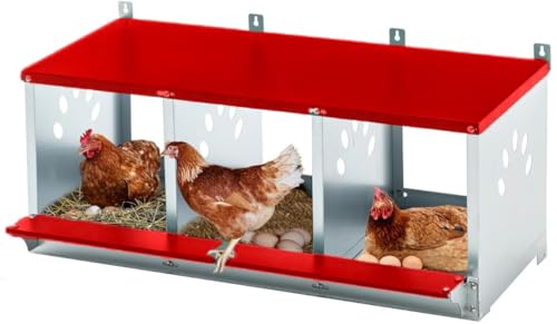 Metal Chicken Nesting Box 3 Compartment,Red Single Layer, Wall Mount or Free Standing, Perch, Secure Lid, Vented Holes, Easy Egg Collection – Poultry Coop Accessory - color: Red, size: 3-Room