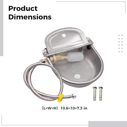 Livestock Water Trough, 304 Stainless Steel, Automatic Refill with Float Ball, Adjustable Water Level, for Cows, Horses, Sheep, Goats, Dogs, 10.6 x 7.3 in