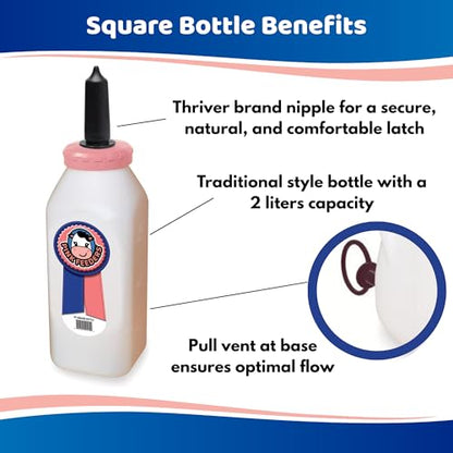 2 Quart Square Calf Bottle with Handle and Thriver Screw-in Calf Teat, Leak-Resistant Nursing Bottle with Dual Vent Airflow, Vanilla Scented Soft Rubber Nipple for Calf Feeding